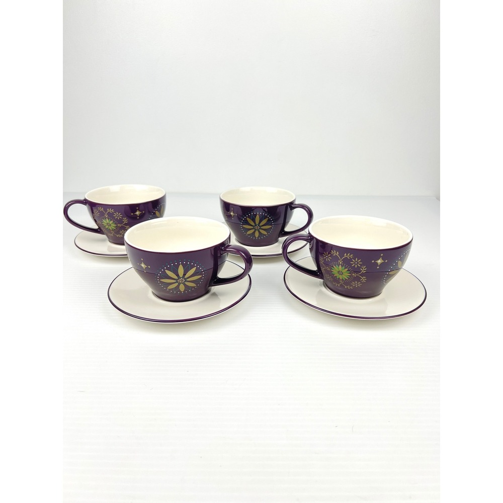 Starbucks Holiday 2006 Purple Gold Floral Star Coffee‎ Cups and Saucers Set of 4